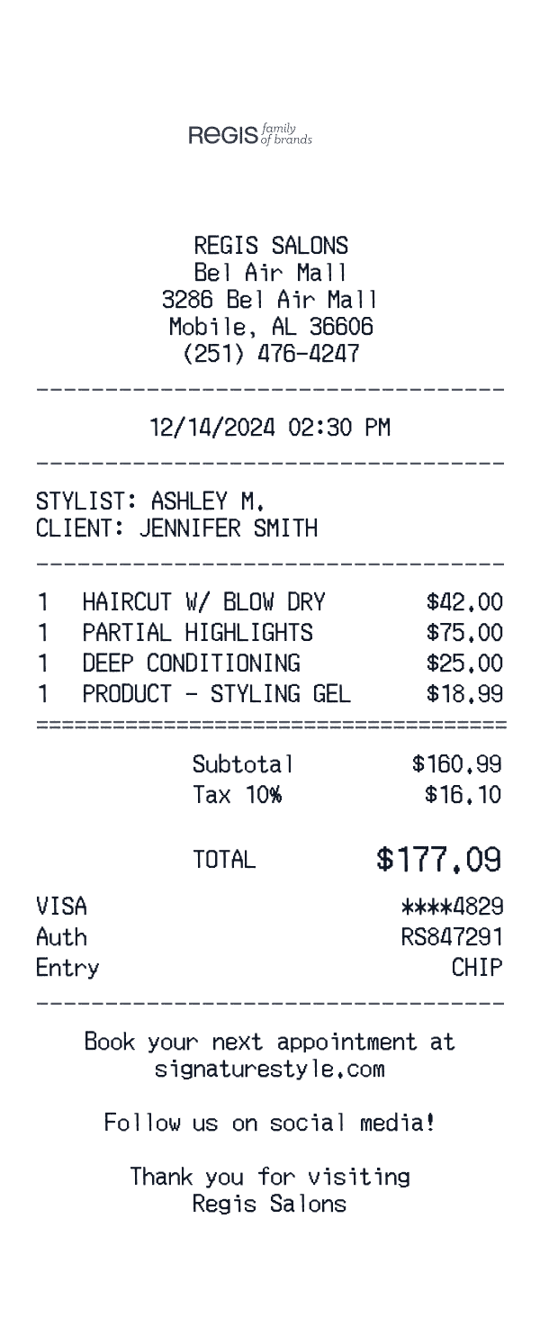 Regis Salons receipt preview