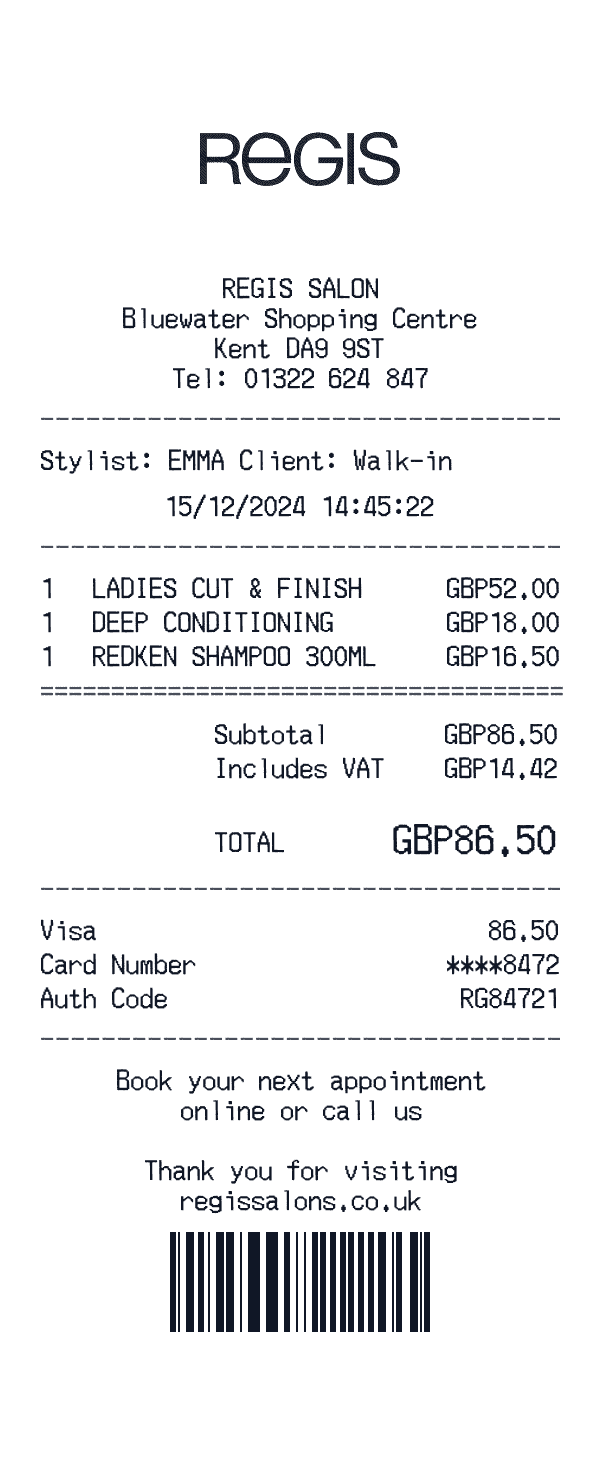 Regis Salons UK receipt template example - beauty receipt with itemized details, prices, and payment information