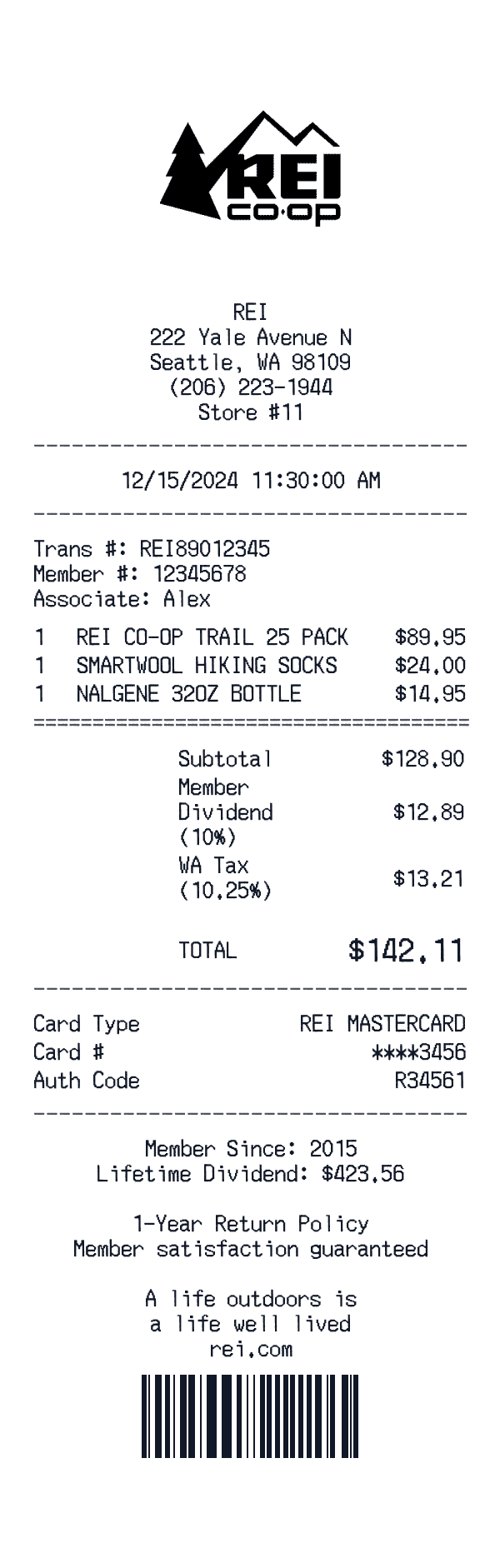 REI Co-op receipt preview