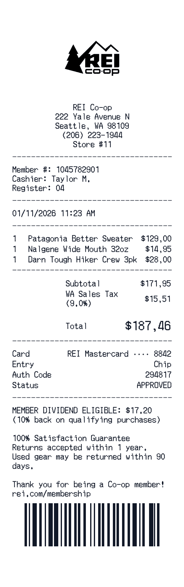 REI receipt template
