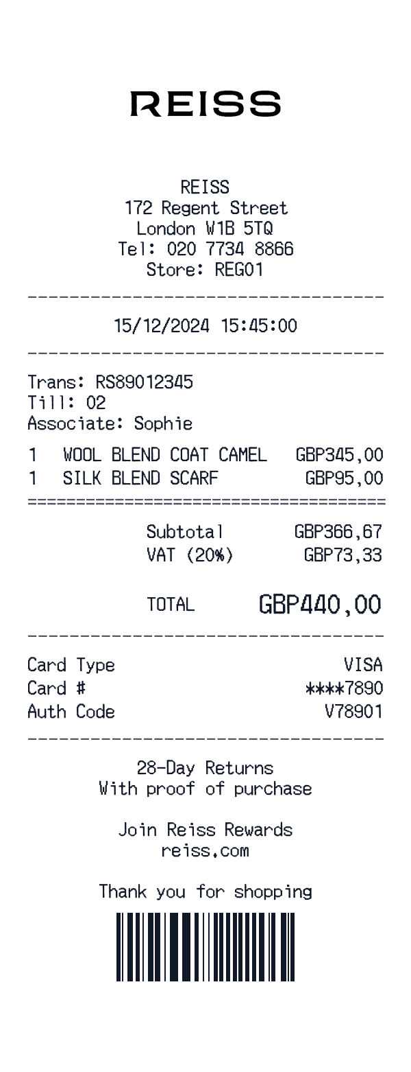 Reiss receipt preview