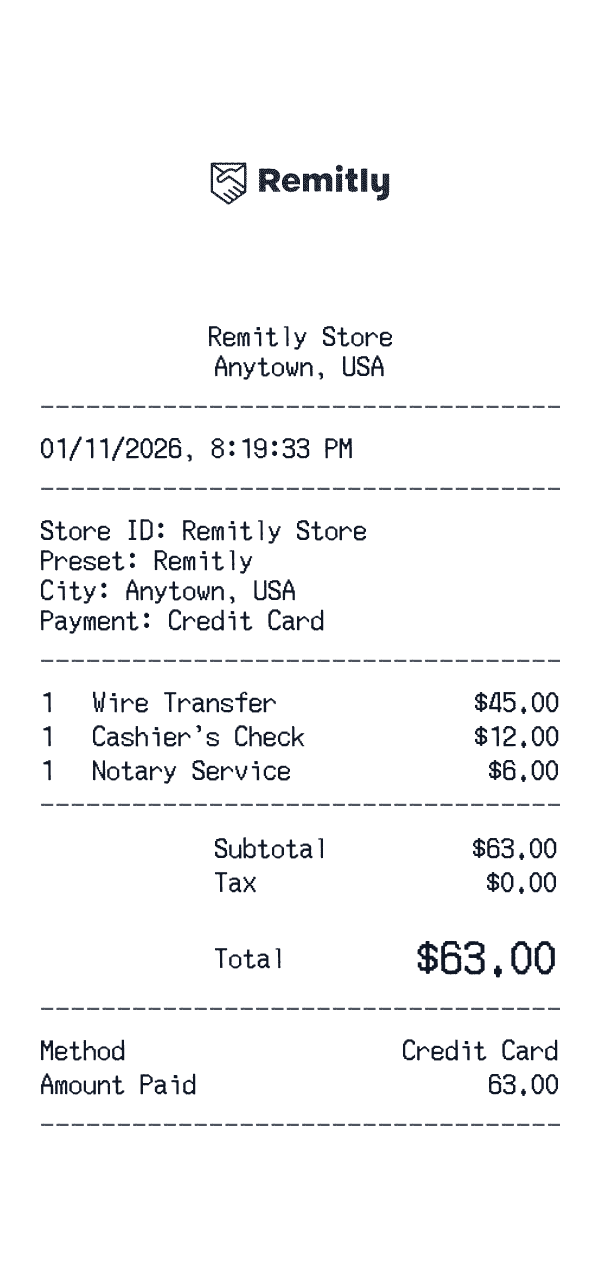Remitly receipt template example - finance receipt with itemized details, prices, and payment information