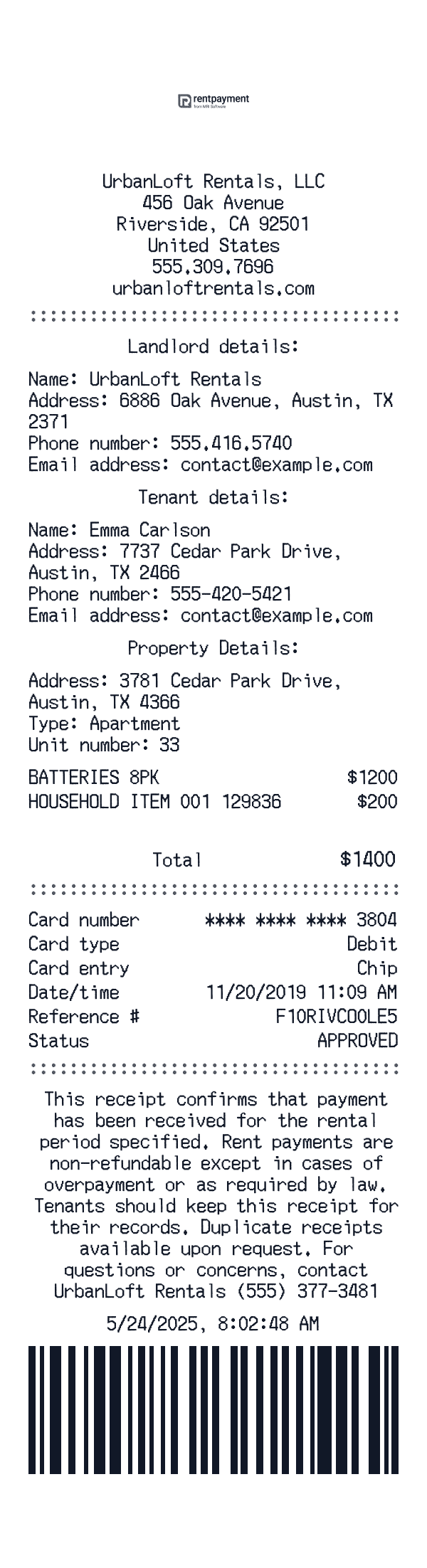 Rent Payment receipt template generator preview