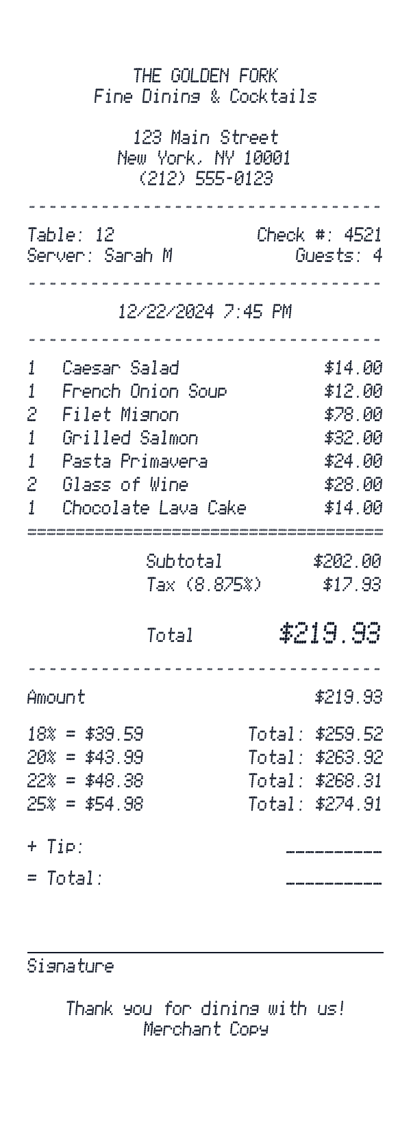 Restaurant Receipt receipt template