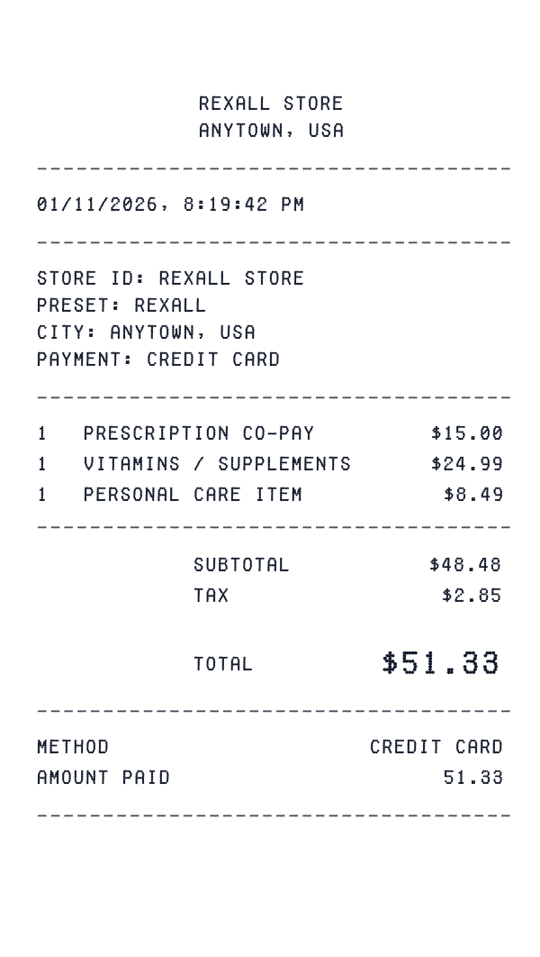 Rexall receipt template example - pharmacy receipt with itemized details, prices, and payment information