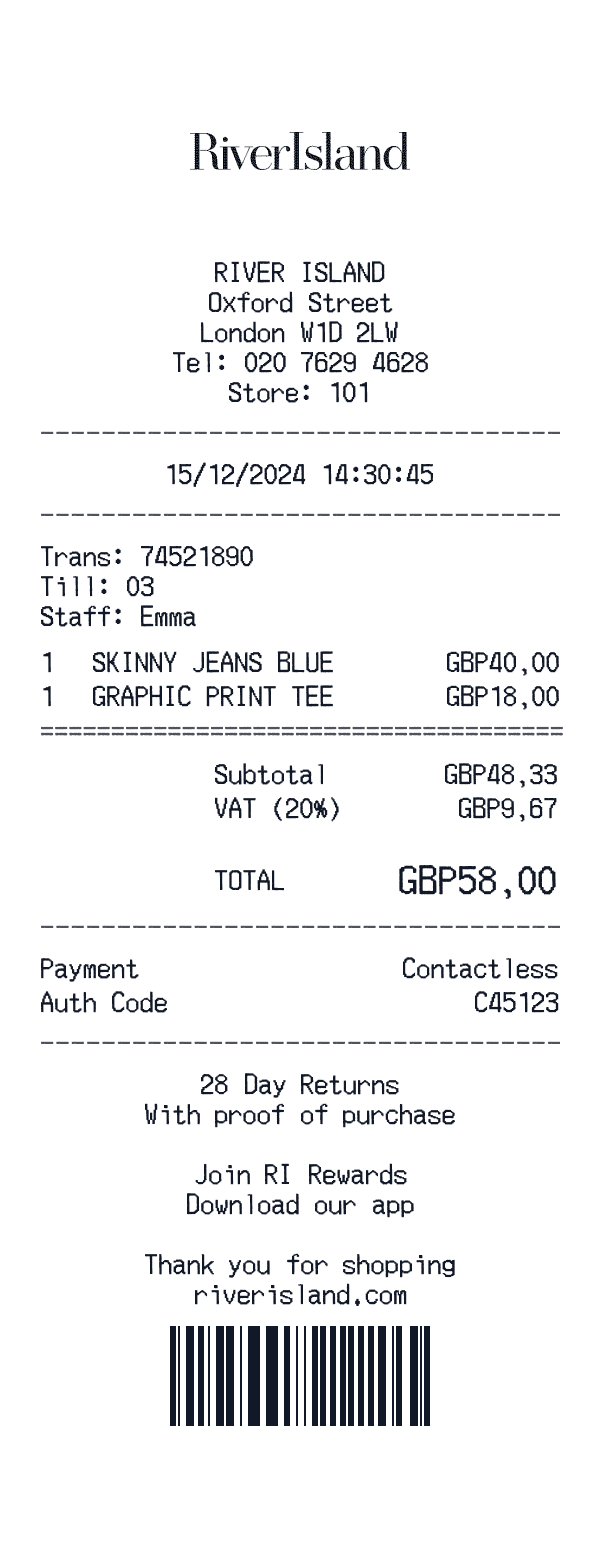 River Island receipt preview