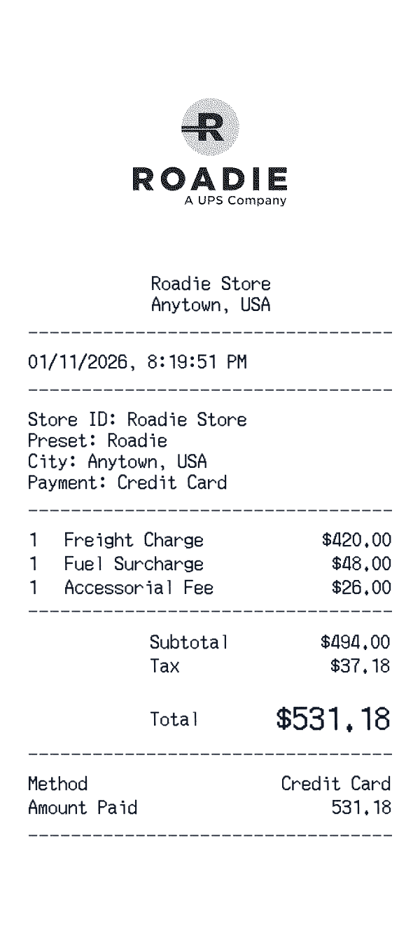 Roadie receipt template example - logistics / shipping receipt with itemized details, prices, and payment information