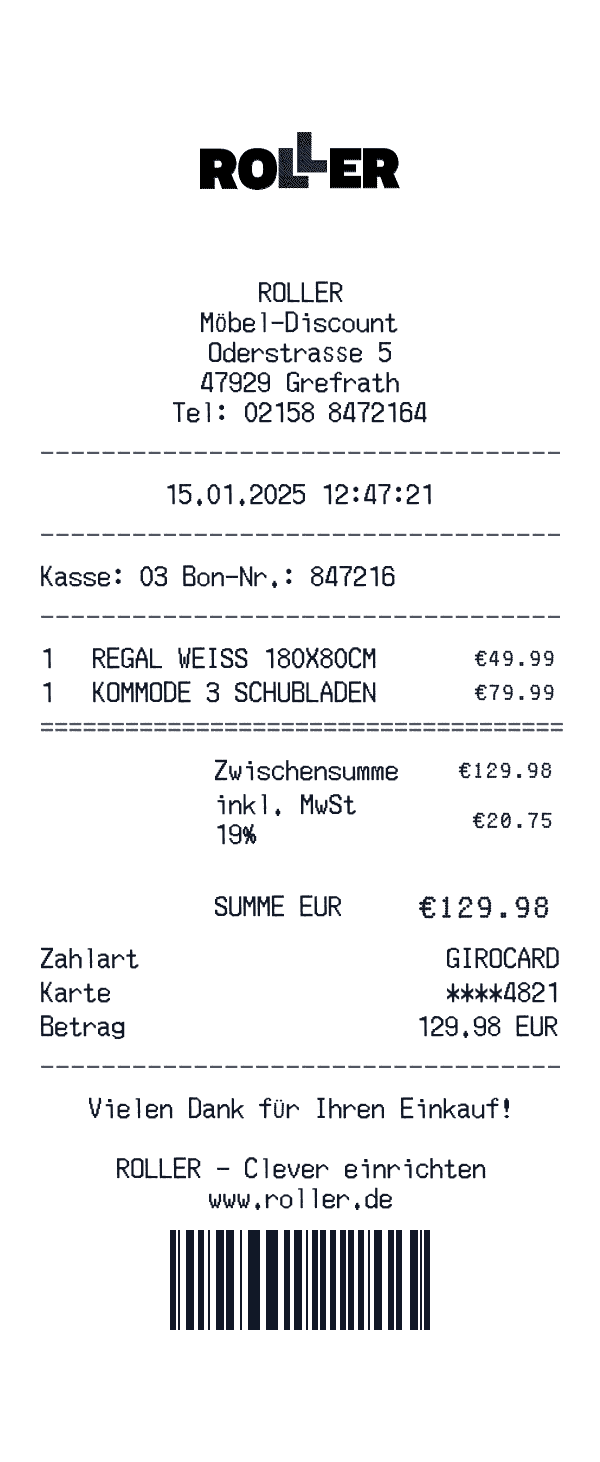 Roller receipt template example - retail receipt with itemized details, prices, and payment information