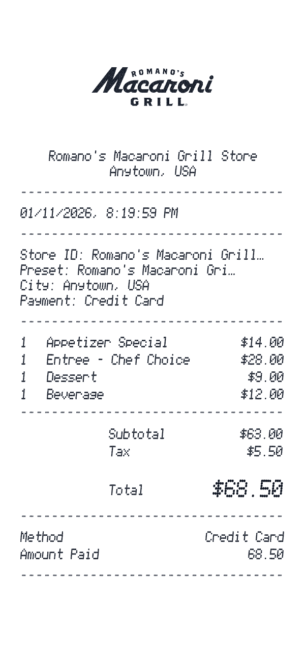 Romano's Macaroni Grill receipt preview