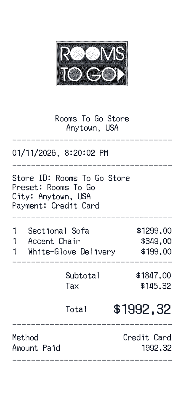 Rooms To Go receipt preview