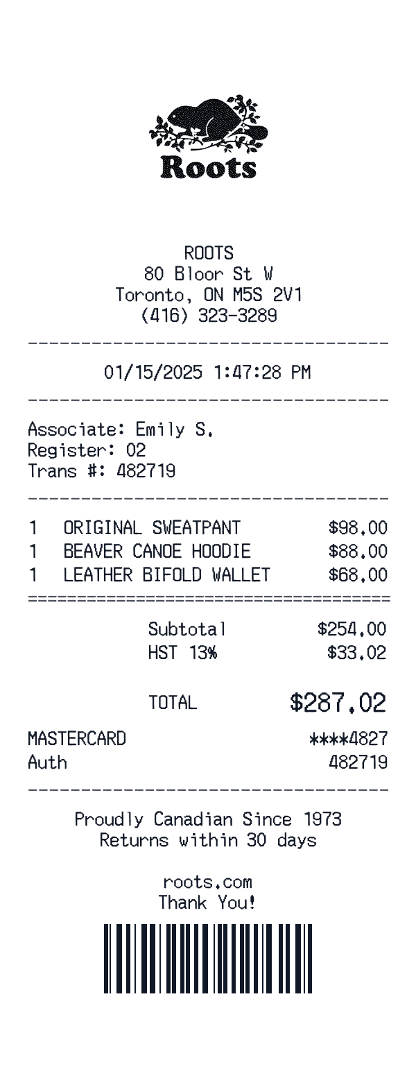 Roots receipt template example - clothing receipt with itemized details, prices, and payment information