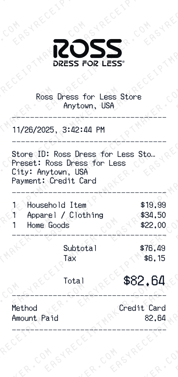 Ross Dress for Less receipt preview