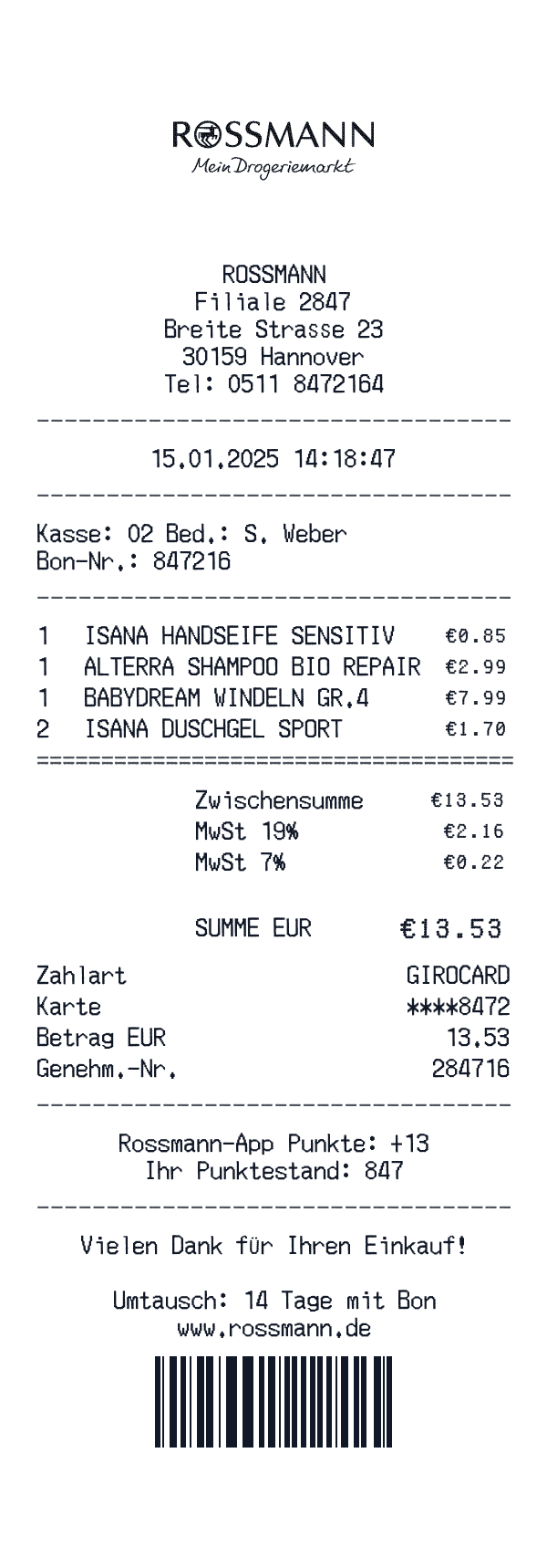 Rossmann receipt template example - pharmacy receipt with itemized details, prices, and payment information