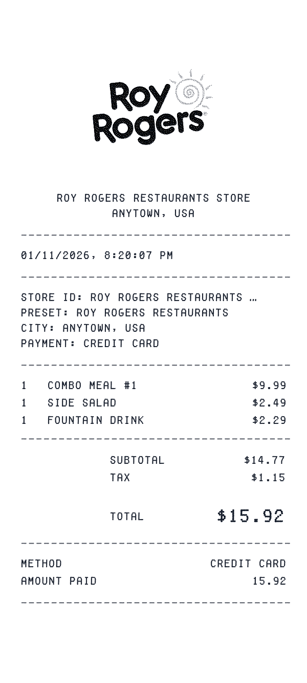Roy Rogers Restaurants receipt preview