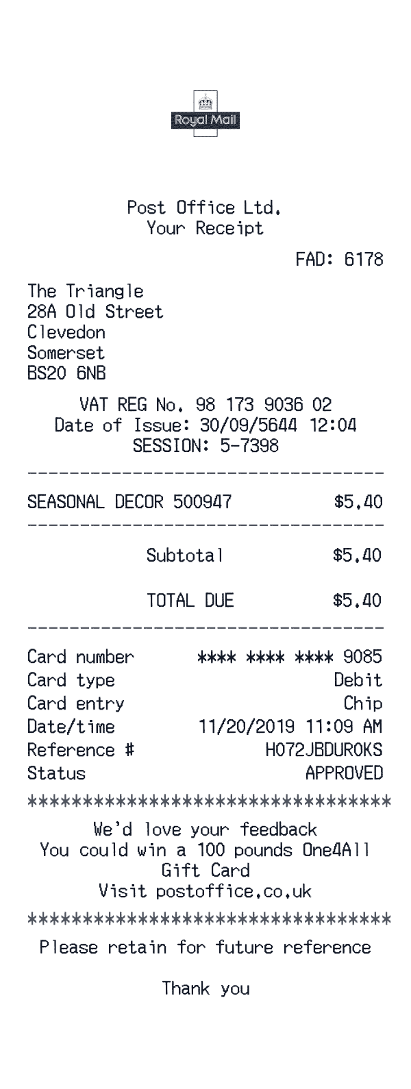 Royal Mail receipt preview