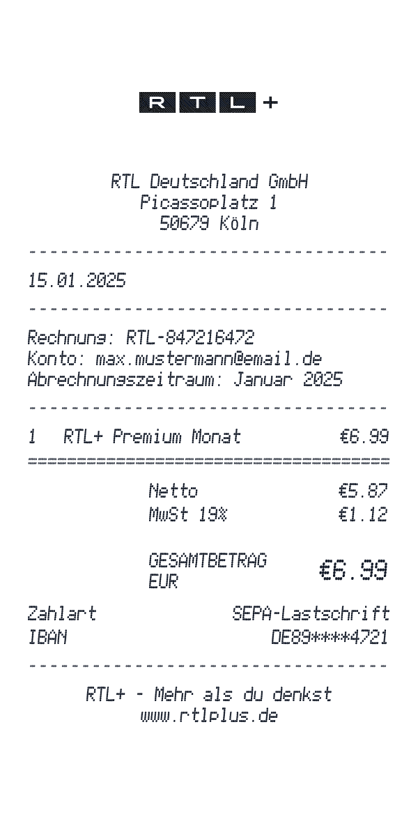 RTL+ receipt template example - streaming receipt with itemized details, prices, and payment information