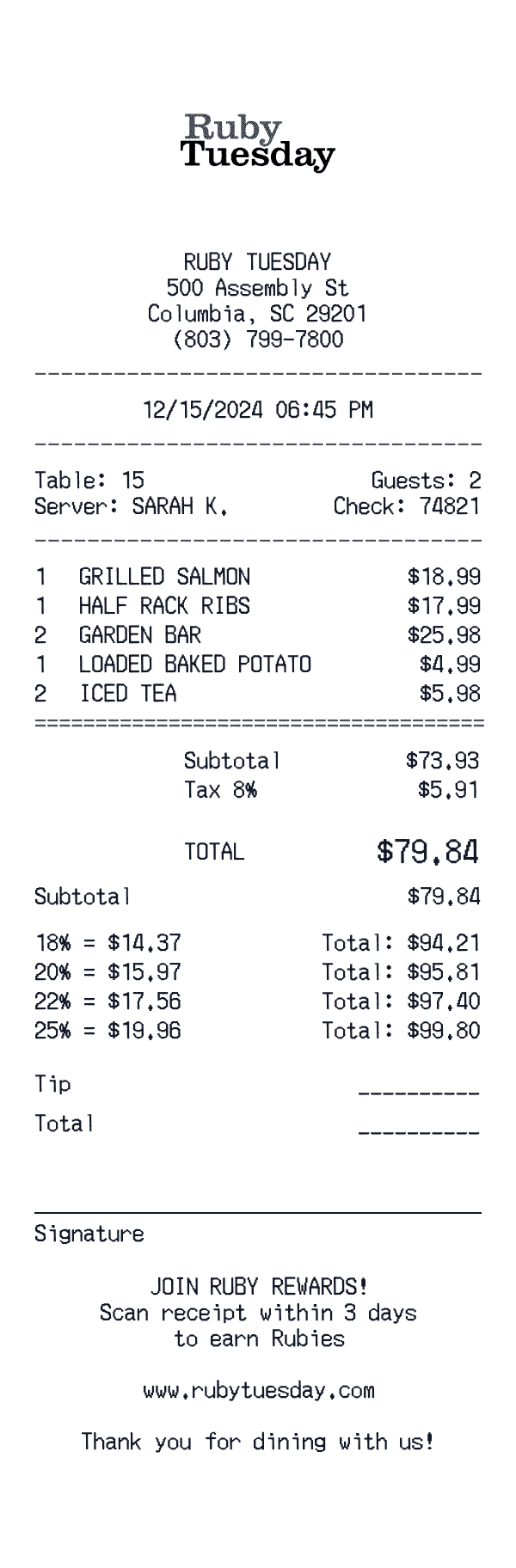 Ruby Tuesday receipt preview