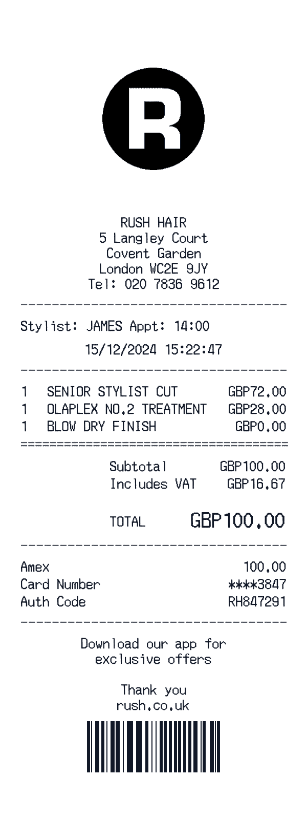 Rush Hair receipt template example - beauty receipt with itemized details, prices, and payment information