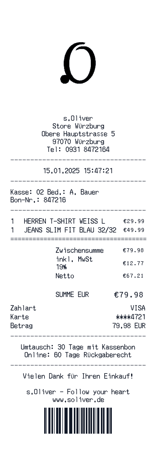 s.Oliver receipt template example - clothing receipt with itemized details, prices, and payment information