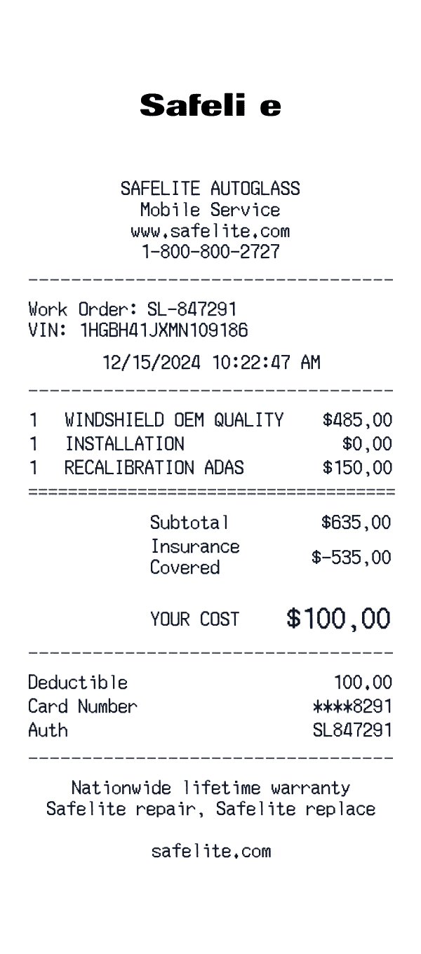 Safelite receipt preview