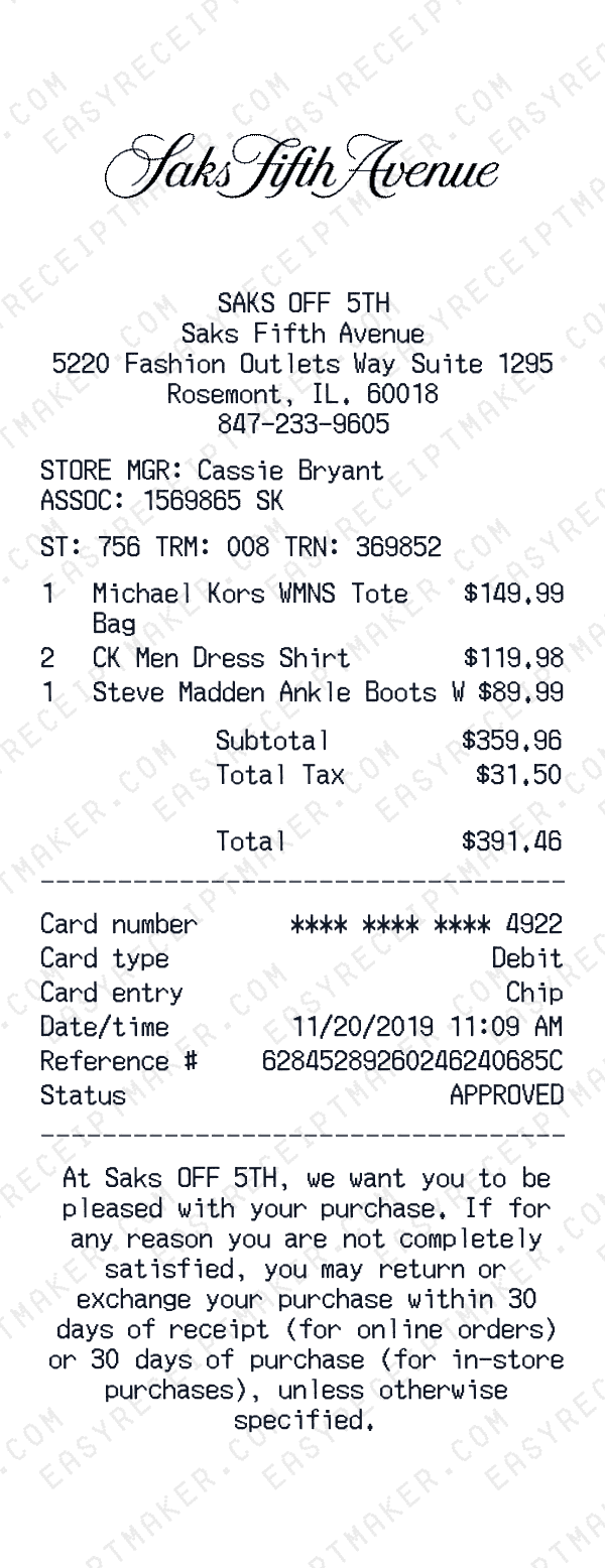 Saks Fifth Avenue receipt preview
