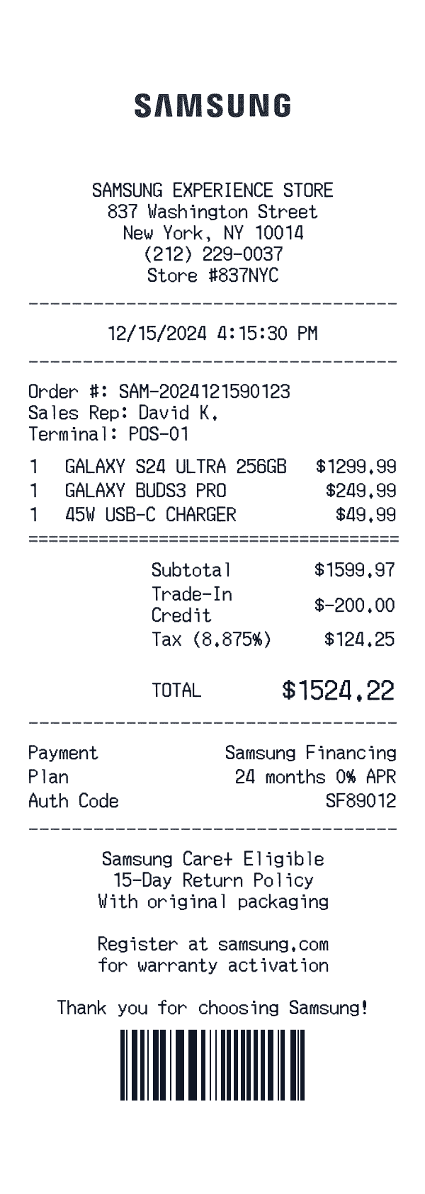 Samsung US receipt preview