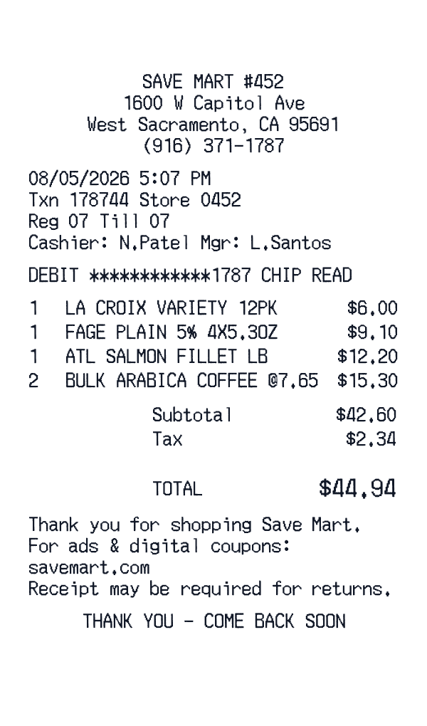 Save Mart Supermarkets receipt template generator preview
