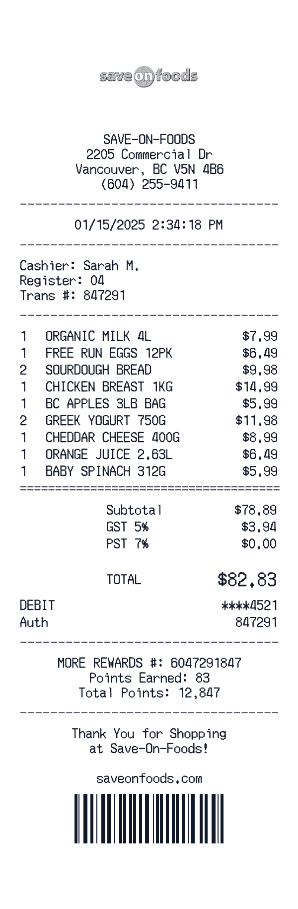 Save-On-Foods receipt template example - grocery receipt with itemized details, prices, and payment information