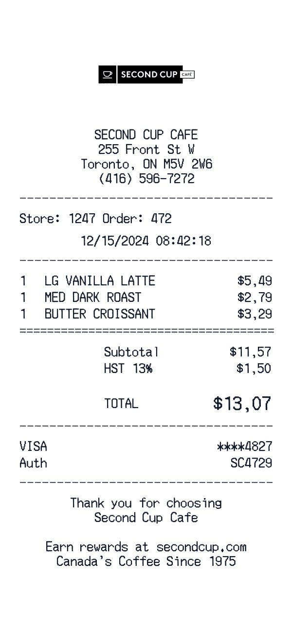 Second Cup receipt template example - coffee receipt with itemized details, prices, and payment information