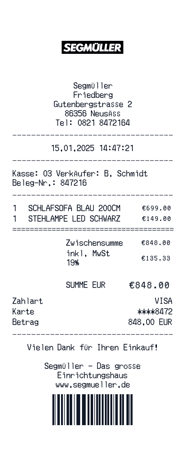 Segmüller receipt template example - retail receipt with itemized details, prices, and payment information