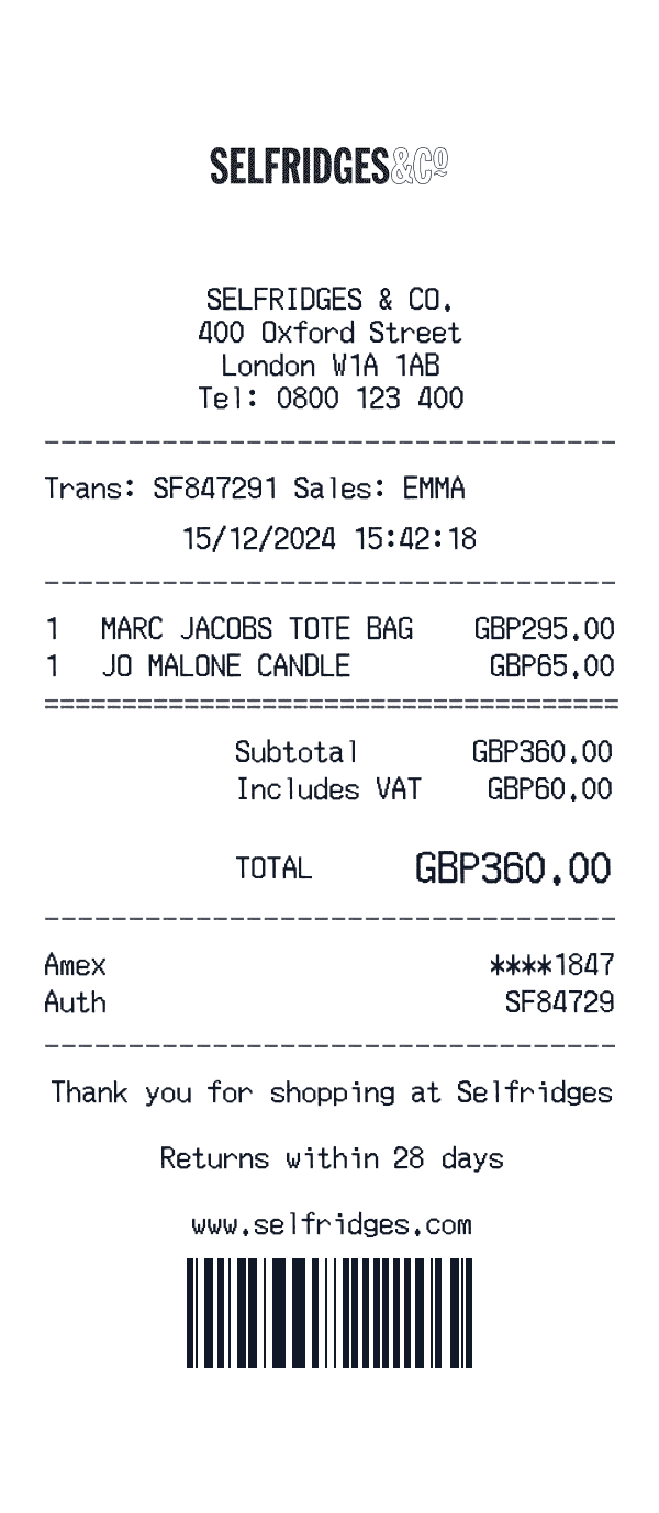 Selfridges receipt template example - department store receipt with itemized details, prices, and payment information
