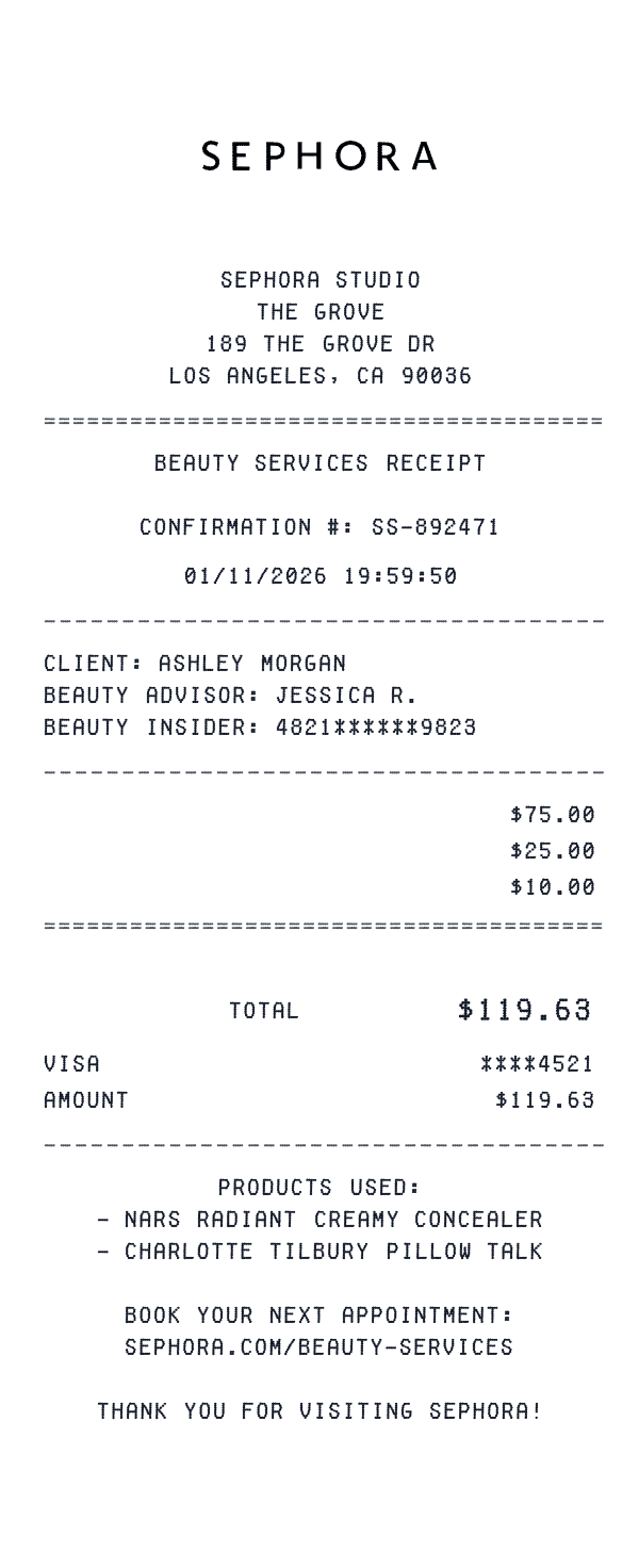 Sephora Studio receipt preview