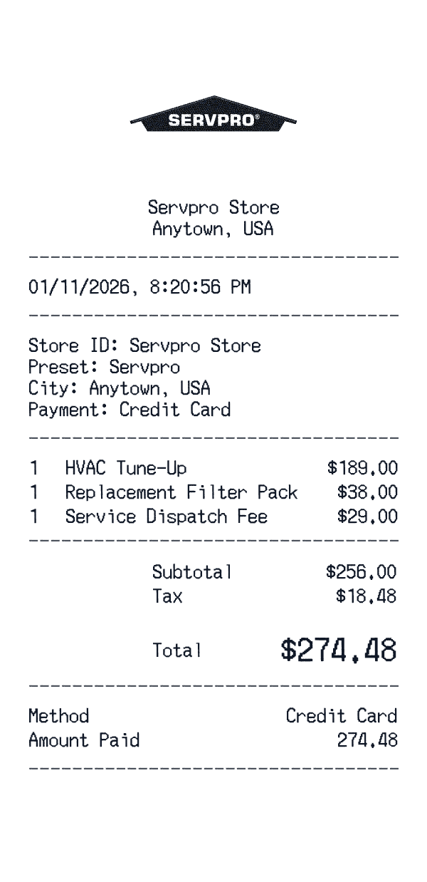 Servpro receipt template example - home services receipt with itemized details, prices, and payment information