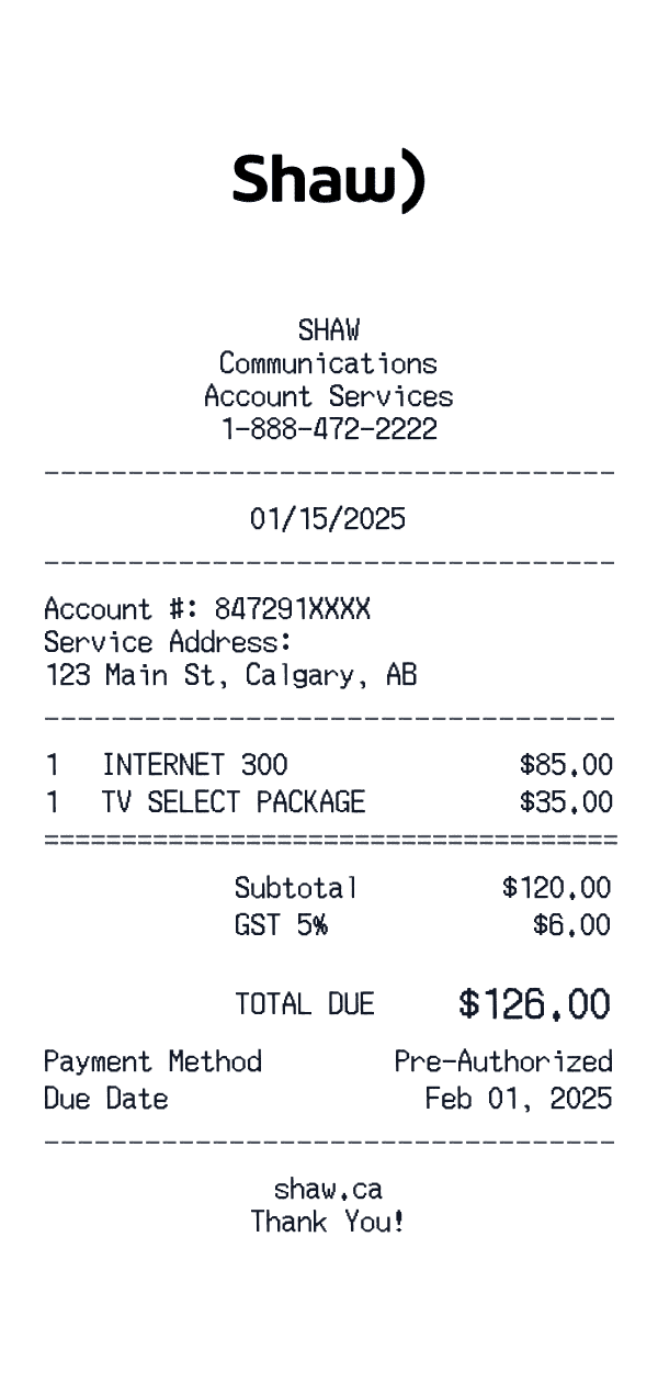 Shaw receipt template example - other receipt with itemized details, prices, and payment information