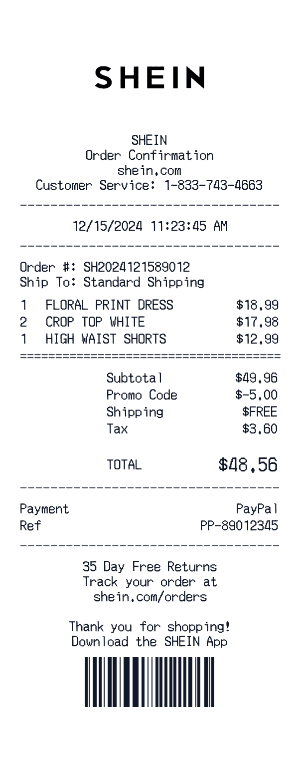 SHEIN receipt preview