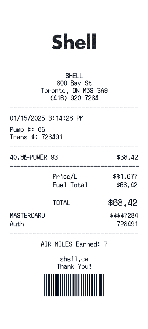 Shell Canada receipt template example - gas station receipt with itemized details, prices, and payment information