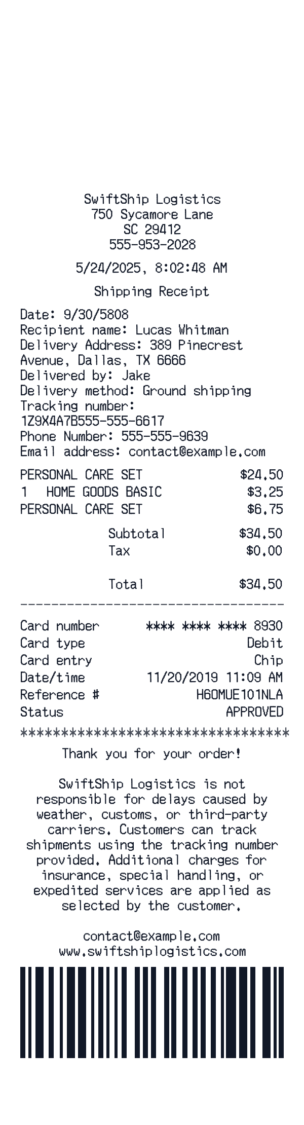 Shipping receipt template generator preview