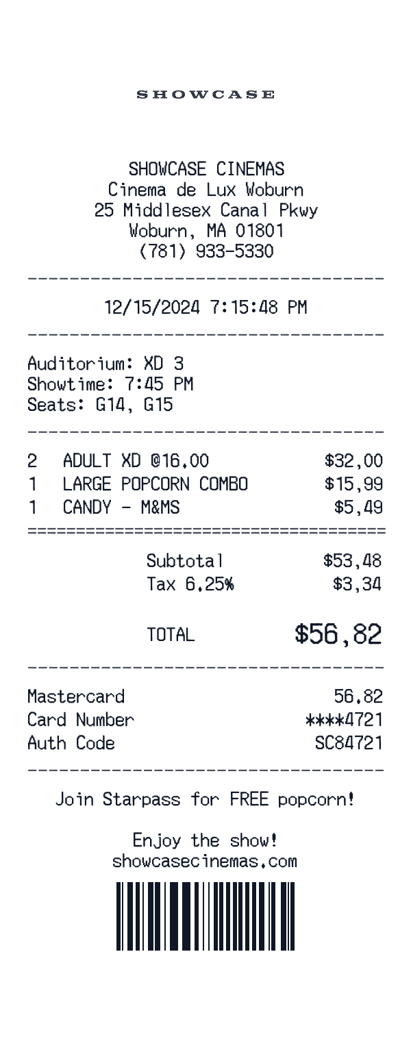 Showcase Cinemas receipt preview