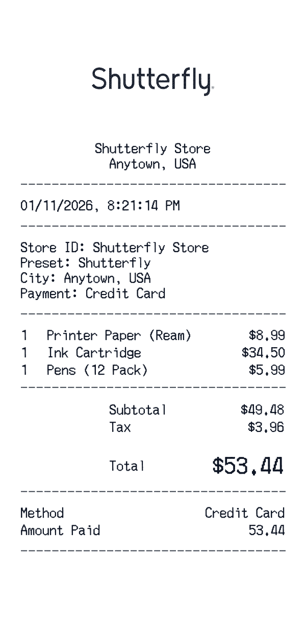 Shutterfly receipt template example - office receipt with itemized details, prices, and payment information