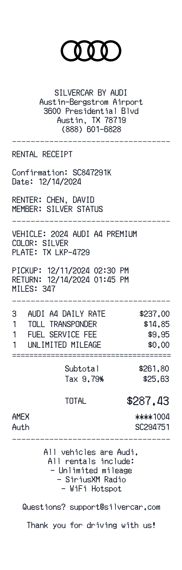 Silvercar by Audi receipt template example - car rental receipt with itemized details, prices, and payment information