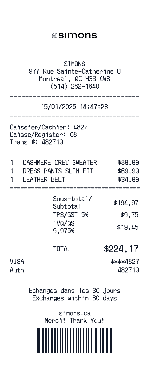 Simons receipt template example - clothing receipt with itemized details, prices, and payment information