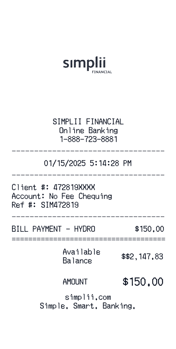 Simplii Financial receipt template example - other receipt with itemized details, prices, and payment information