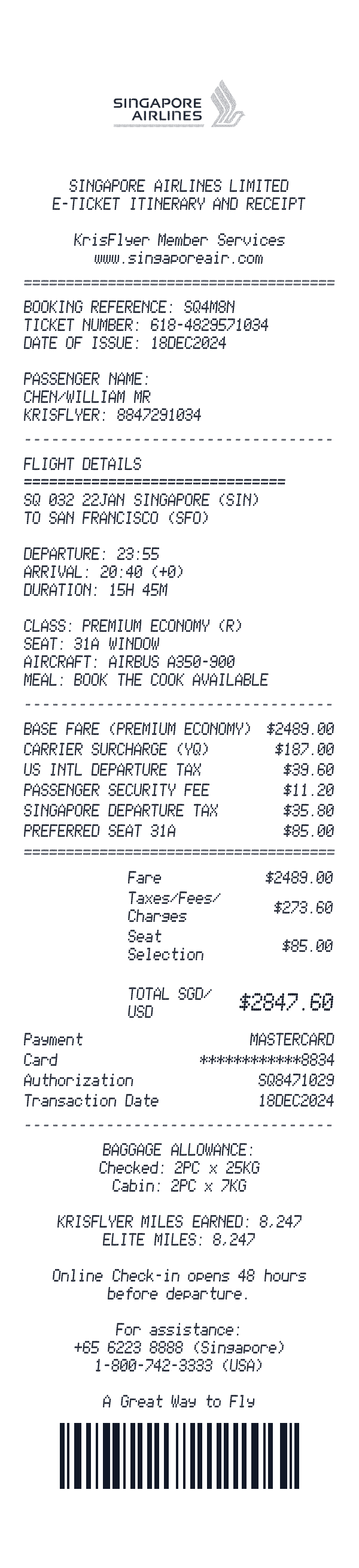Singapore Airlines receipt template example - airline receipt with itemized details, prices, and payment information