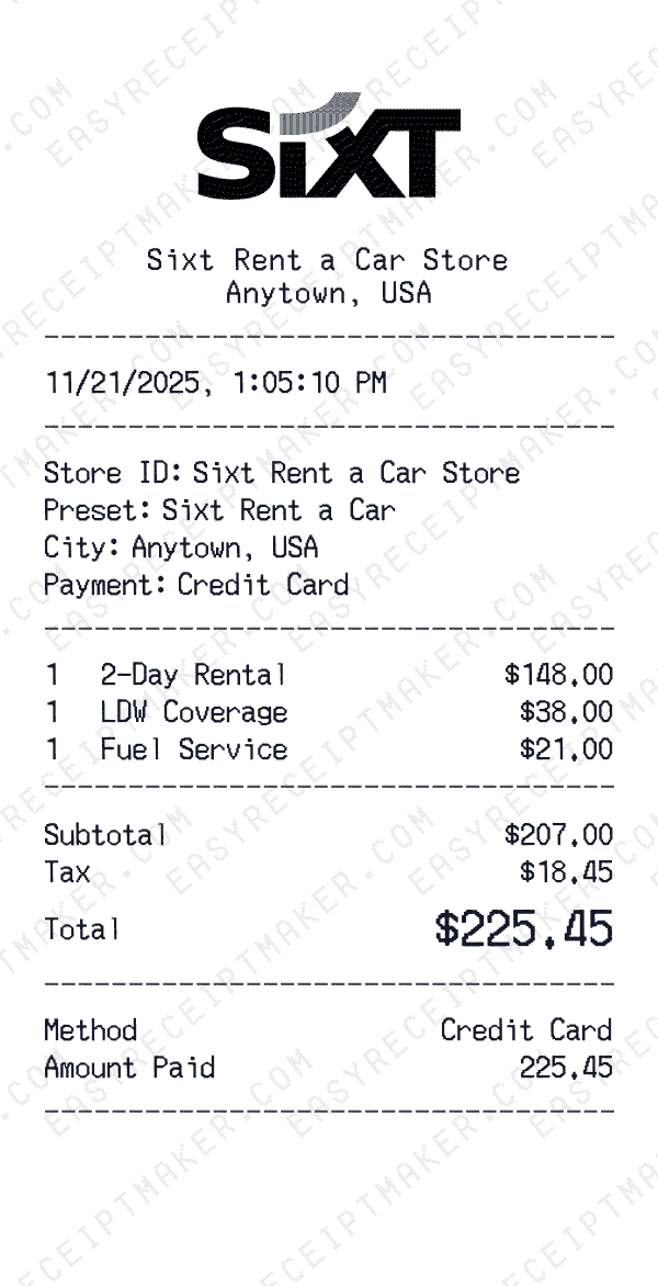 Sixt Rent a Car receipt template generator preview
