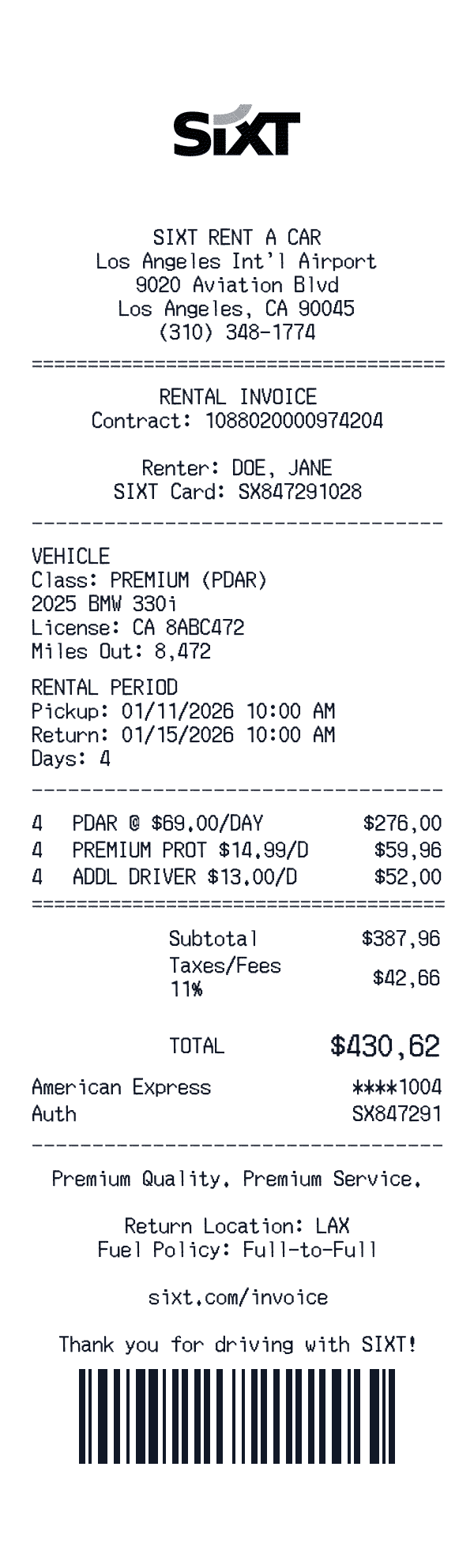 SIXT receipt template example - car rental receipt with itemized details, prices, and payment information