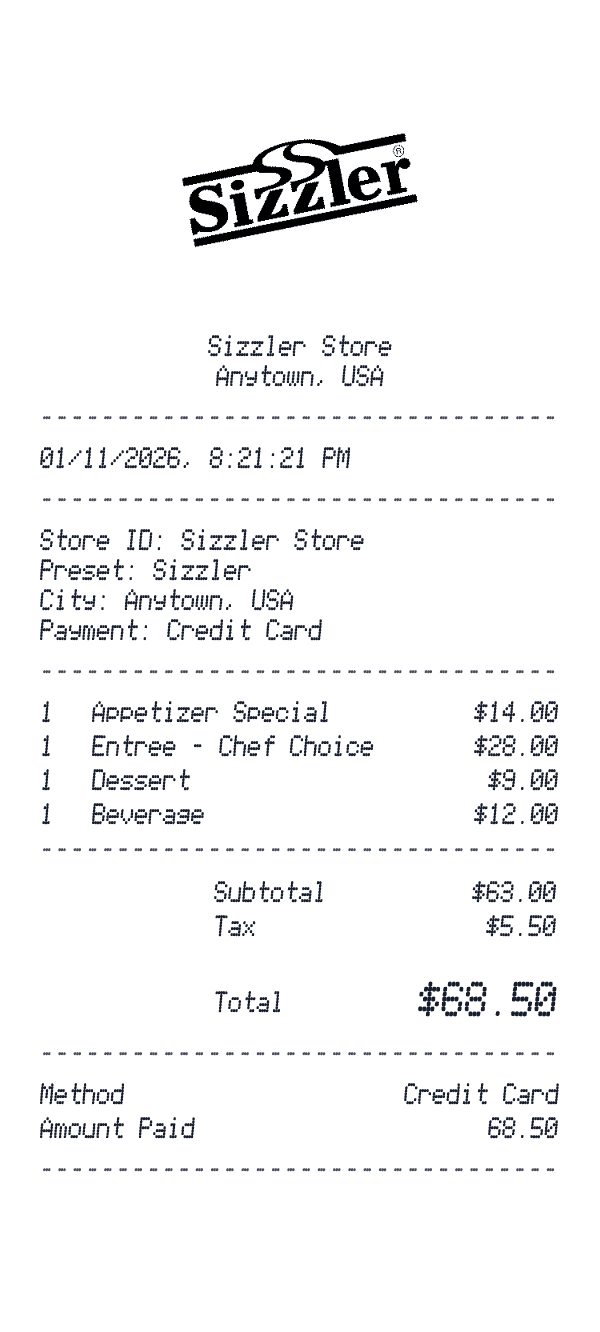 Sizzler receipt preview