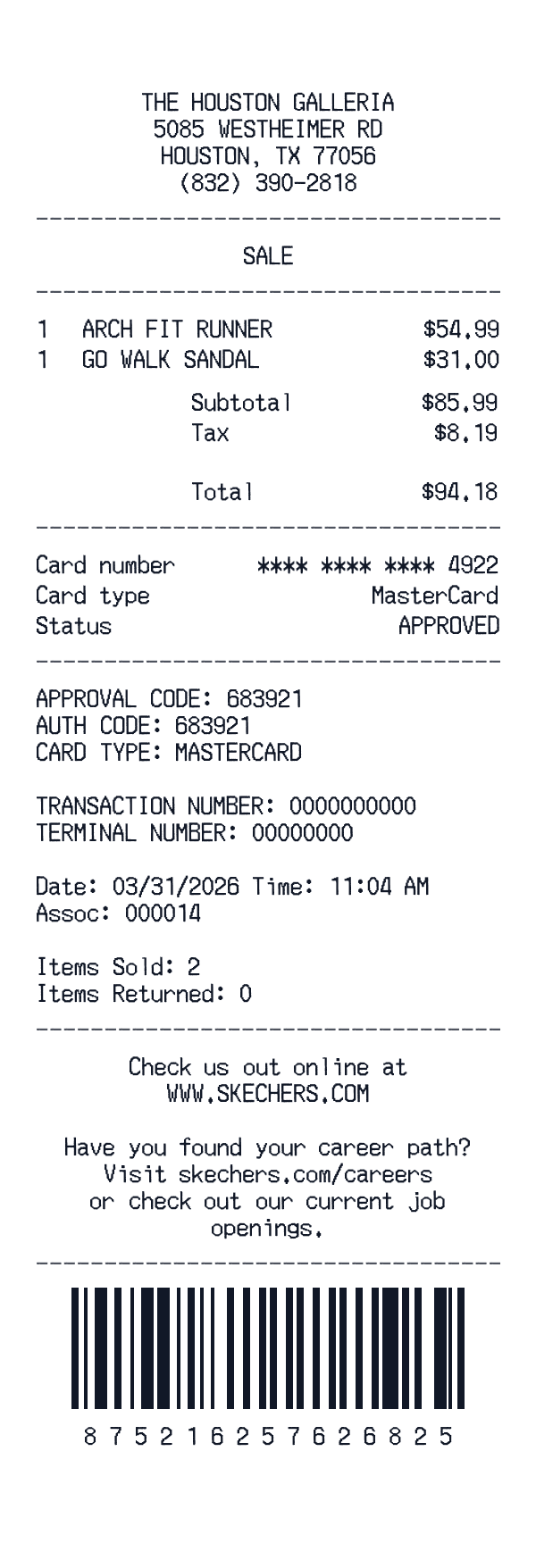 Skechers receipt template generator preview