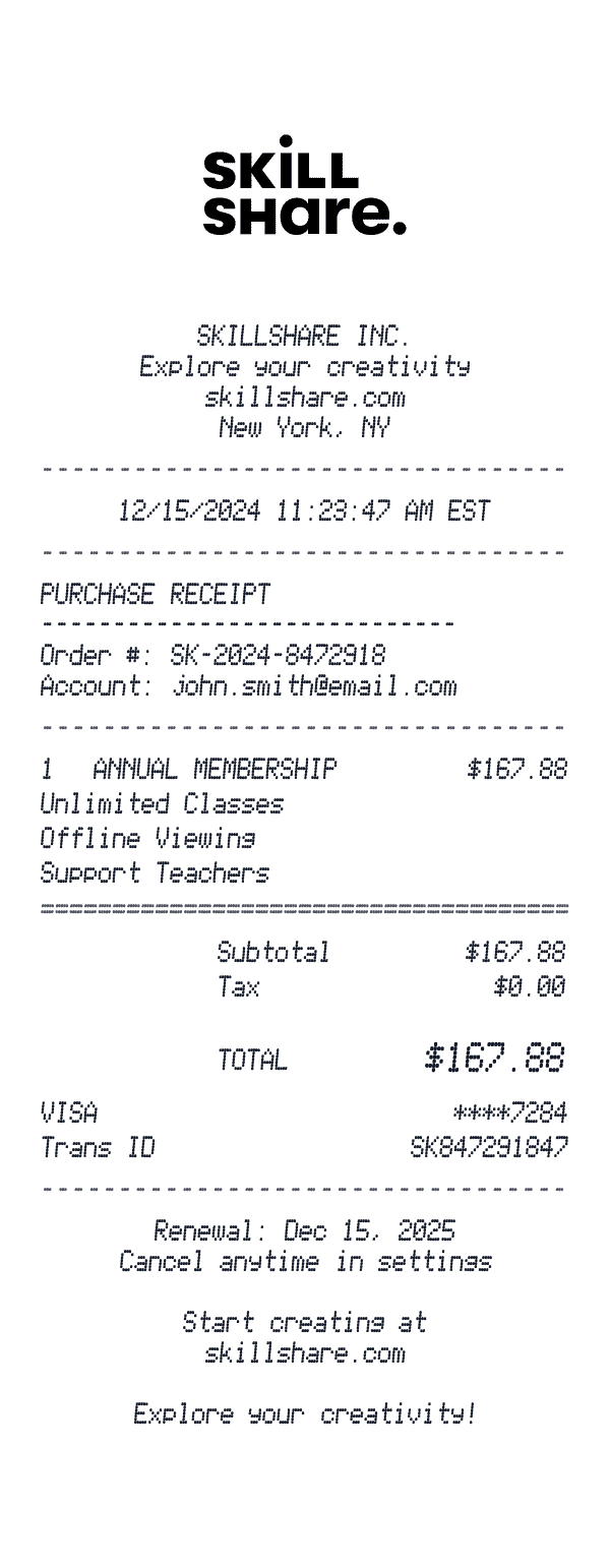 Skillshare receipt template example - education receipt with itemized details, prices, and payment information