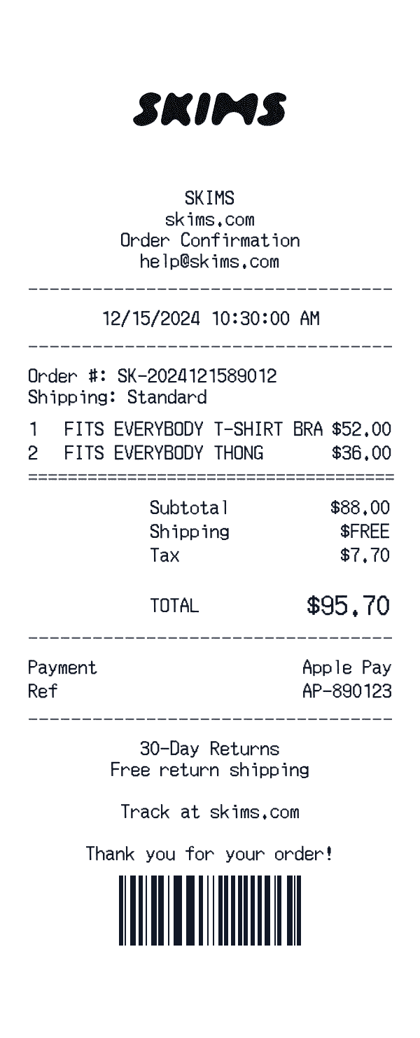 SKIMS receipt preview
