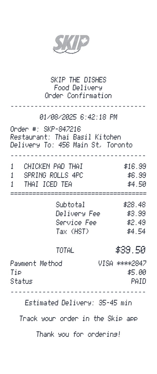 Skip The Dishes receipt template example - food delivery receipt with itemized details, prices, and payment information